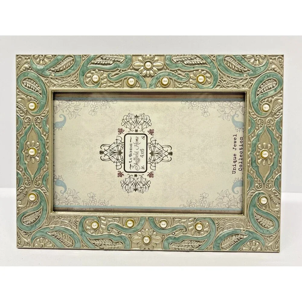 Sheffield Home set of (2) 4x6 Pewter Picture Frames-Ornate/Jeweled-Green & Gold
